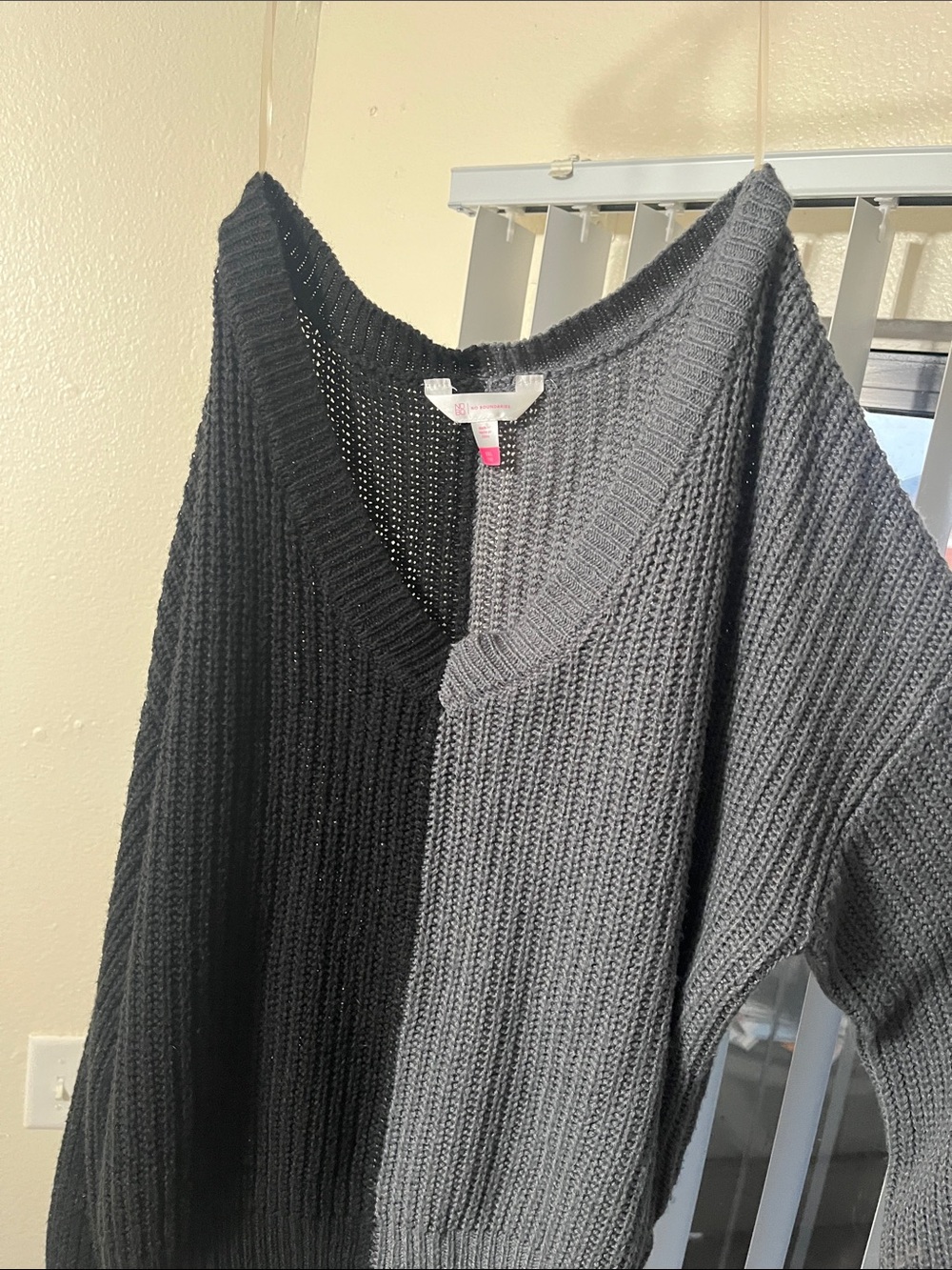No Boundaries Two-Tone Black and olive green V-Neck Chunky Knit Sweater